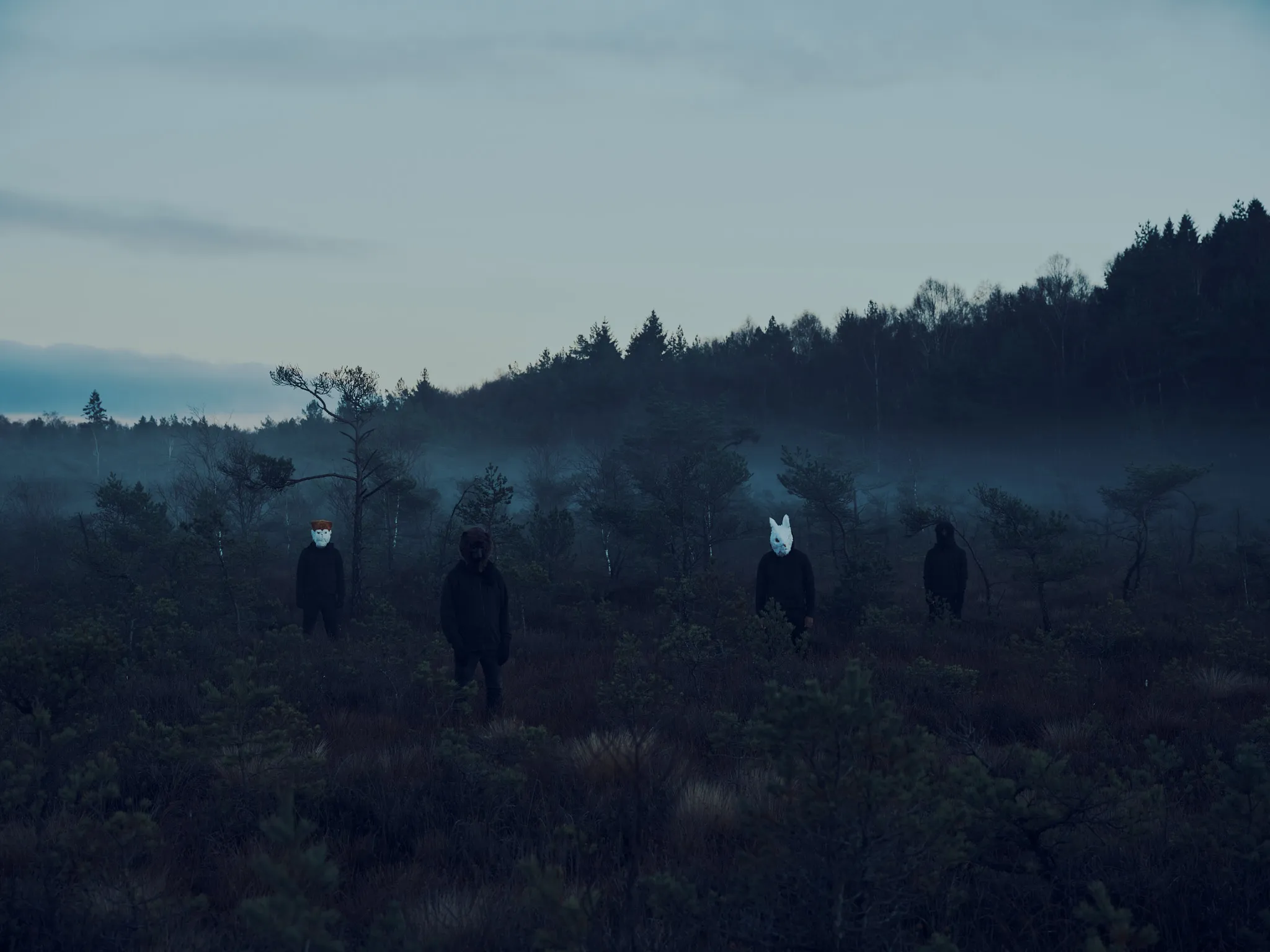 Band photo. The four band members stand in a mist covered mire wearing black clothes and animal masks, resembling from left to right a cat, a bear, a rabibit and a crow.