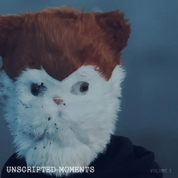 Unscripted Moments vol 1 album cover. The cover portraits a band member wearing a cat mask along with the album title.